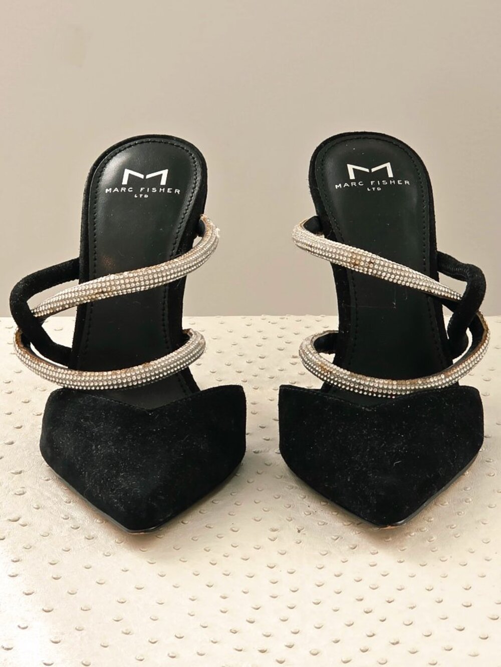 Pair Marc Fisher Black Suede D'Orsay Slides Straps Mules 4" heels Like New